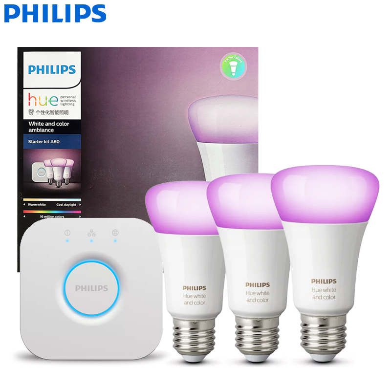 Philips Light Hue Color - フィリップスHueスマートライトスターターキット 3個のE27 60W A60スマート電球 + 1個のブリッジ